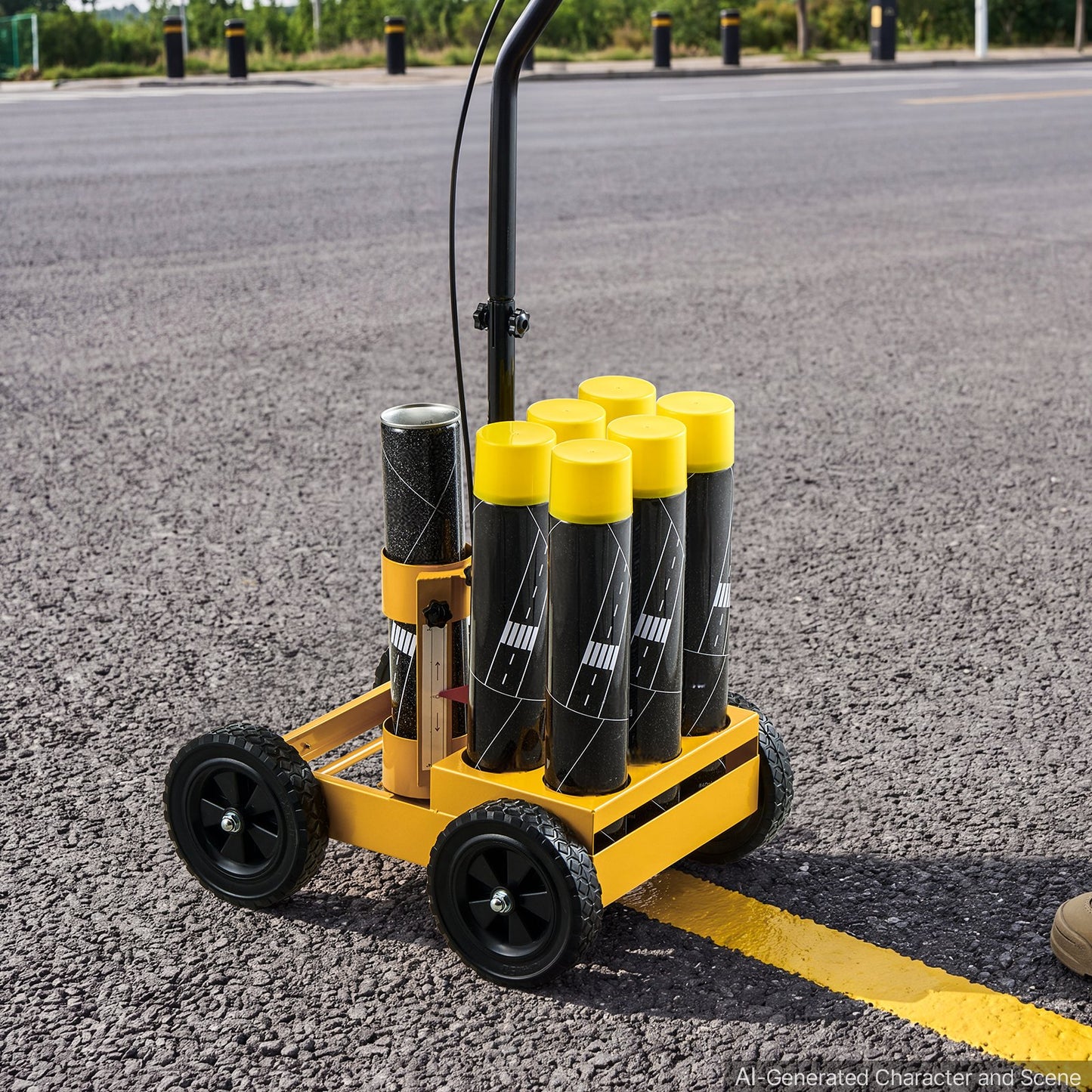 Striping Line Marking Machine 6-Can Capacity Yellow with 4 Wheels, Parking Lot Striping Machine, 50-100 mm Adjustable Line Width, Heavy Duty, Fast and Accurate Marking, with Adapter Nozzle