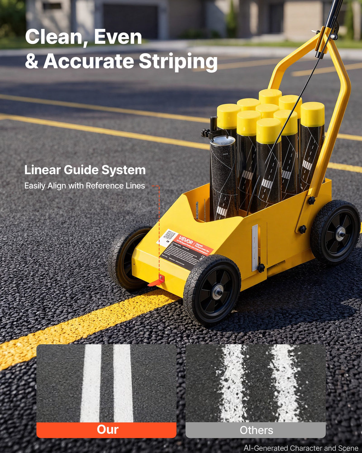 Striping Line Marking Machine 9-Can Capacity Yellow with 4 Wheels, Parking Lot Striping Machine, 50-100 mm Adjustable Line Width, Heavy Duty, Fast and Accurate Marking, with Adapter Nozzle