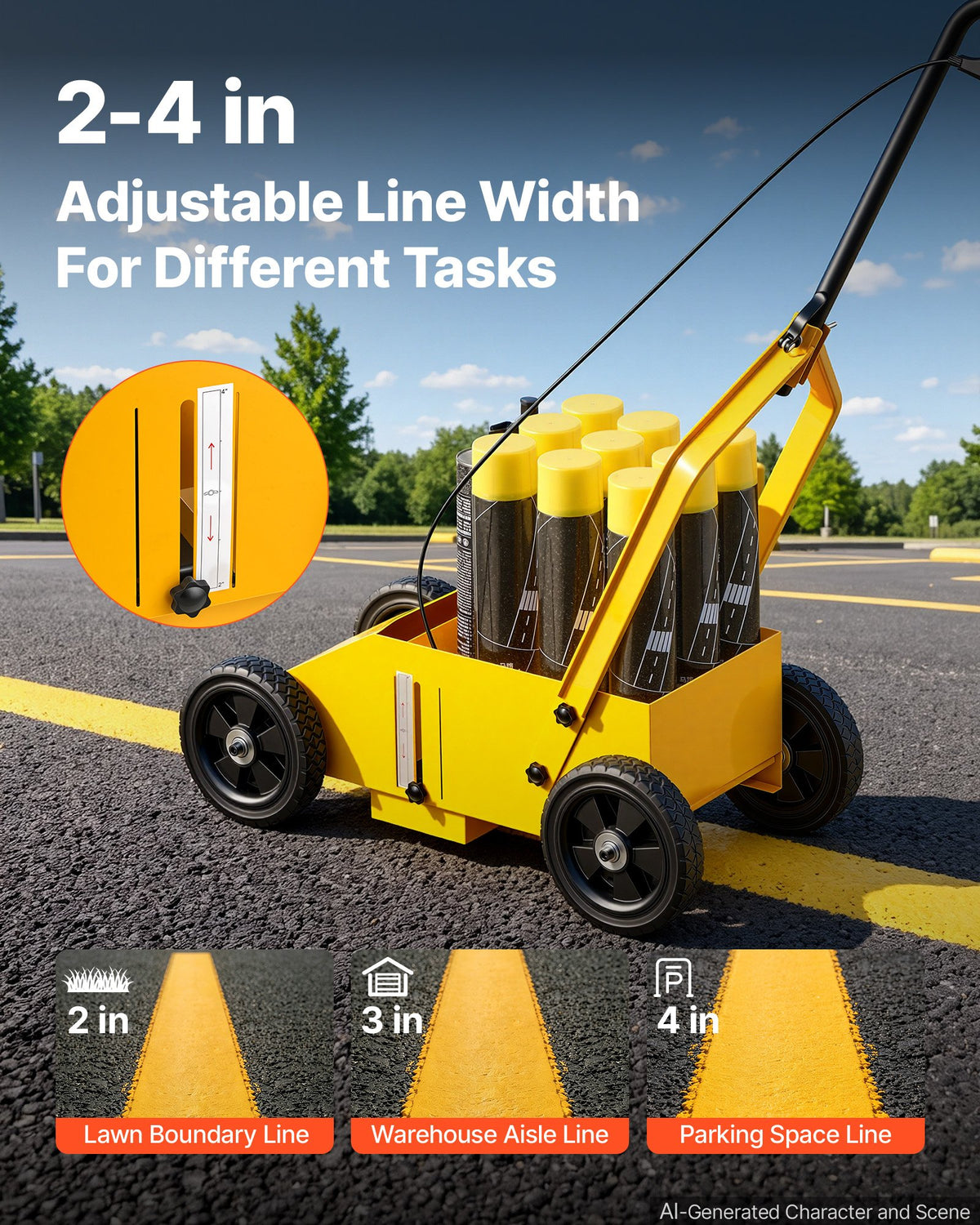 Striping Line Marking Machine 9-Can Capacity Yellow with 4 Wheels, Parking Lot Striping Machine, 50-100 mm Adjustable Line Width, Heavy Duty, Fast and Accurate Marking, with Adapter Nozzle