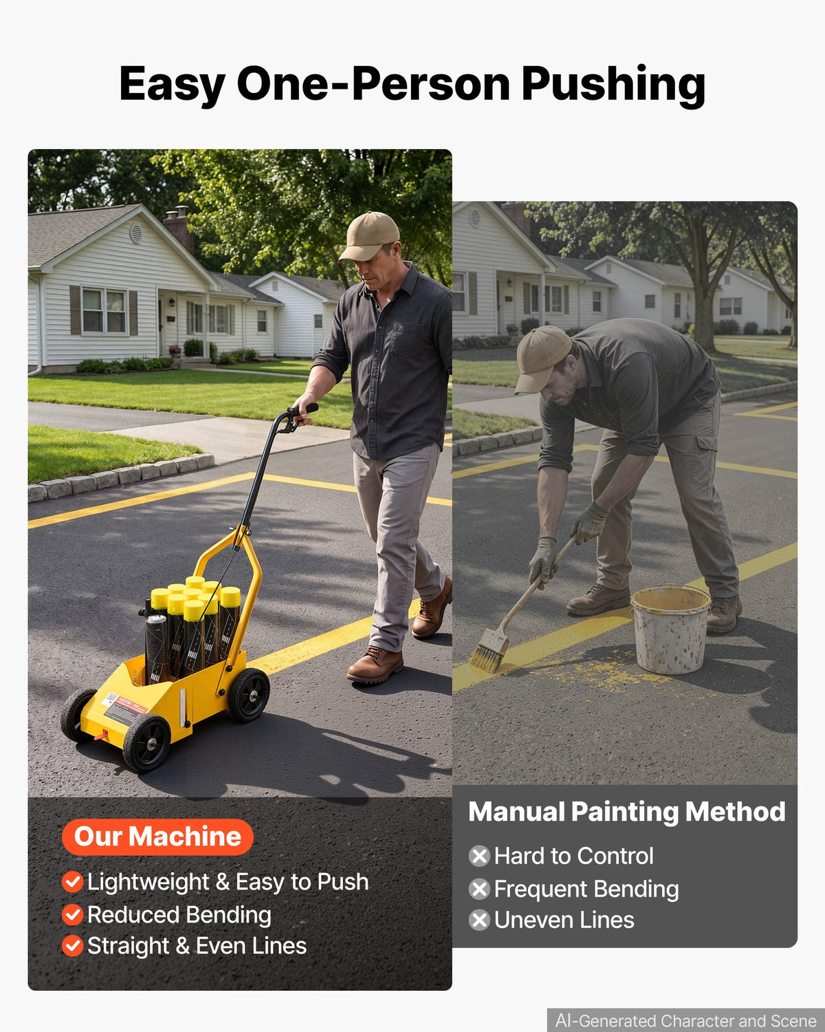Striping Line Marking Machine 9-Can Capacity Yellow with 4 Wheels, Parking Lot Striping Machine, 50-100 mm Adjustable Line Width, Heavy Duty, Fast and Accurate Marking, with Adapter Nozzle