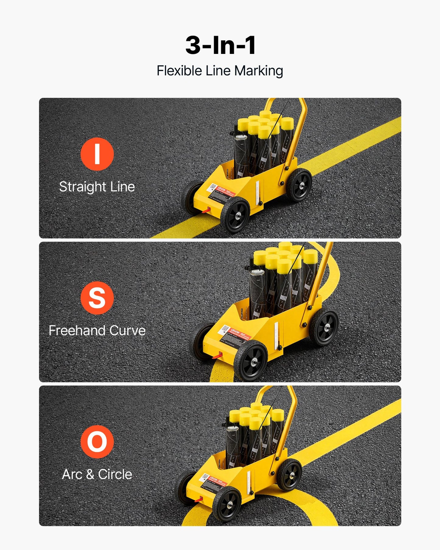 Striping Line Marking Machine 9-Can Capacity Yellow with 4 Wheels, Parking Lot Striping Machine, 50-100 mm Adjustable Line Width, Heavy Duty, Fast and Accurate Marking, with Adapter Nozzle