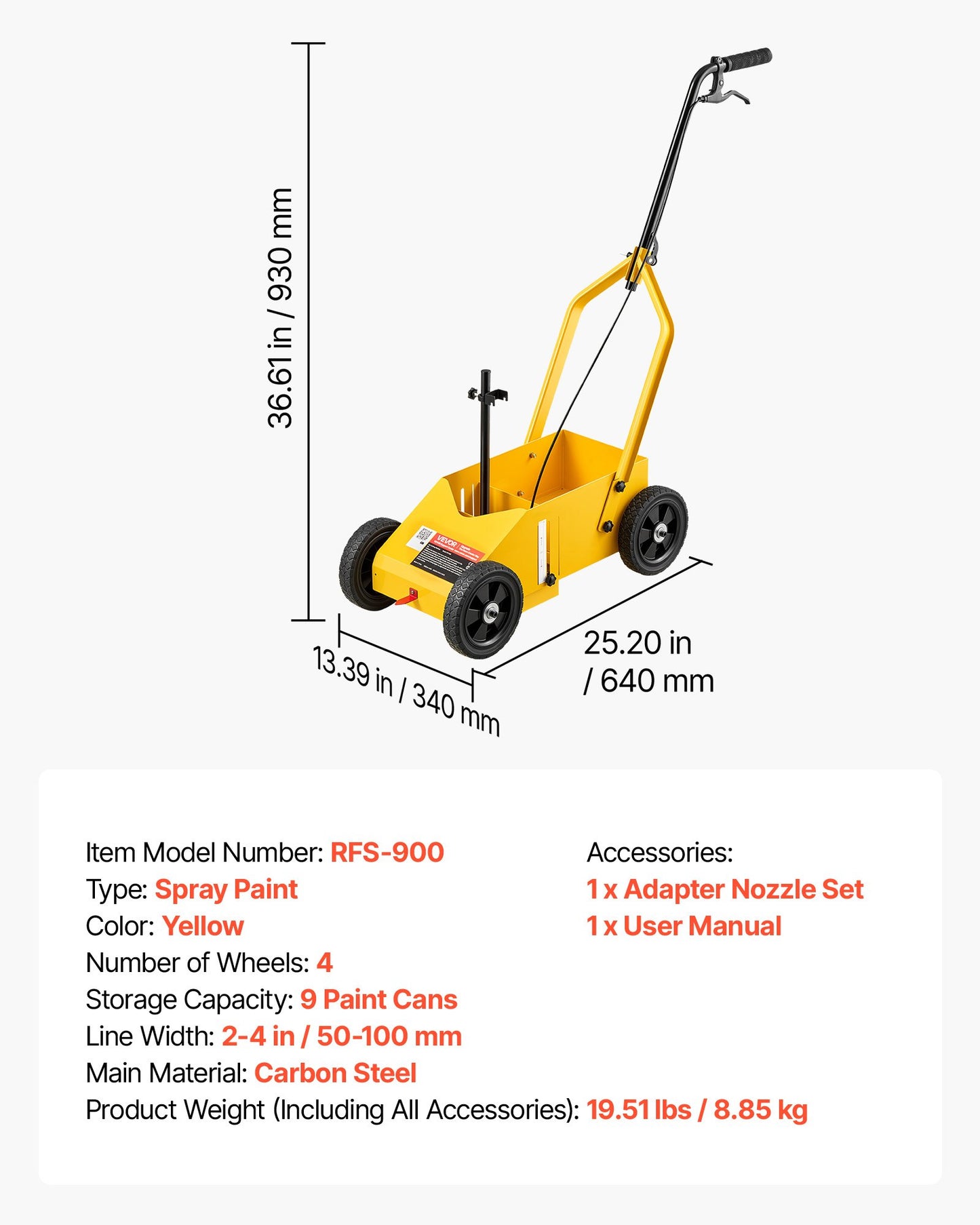 Striping Line Marking Machine 9-Can Capacity Yellow with 4 Wheels, Parking Lot Striping Machine, 50-100 mm Adjustable Line Width, Heavy Duty, Fast and Accurate Marking, with Adapter Nozzle
