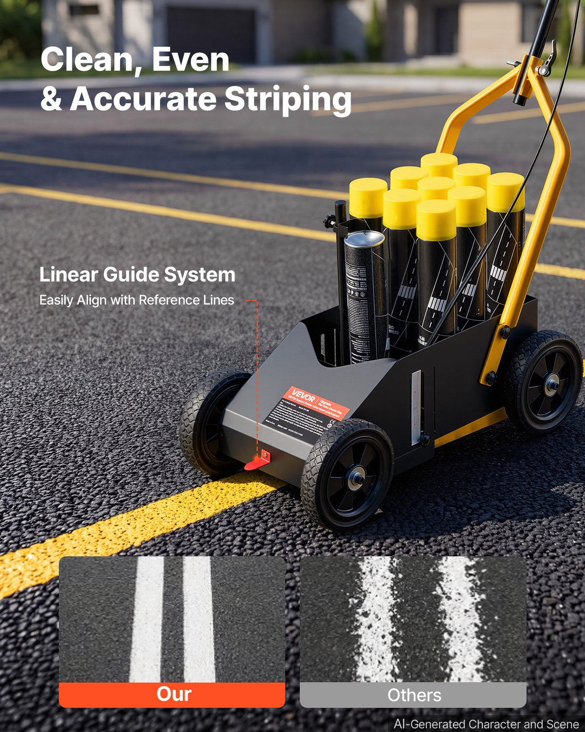 Striping Line Marking Machine 9-Can Capacity Black with 4 Wheels, Parking Lot Striping Machine, 50-100 mm Adjustable Line Width, Heavy Duty, Fast and Accurate Marking, with Adapter Nozzle