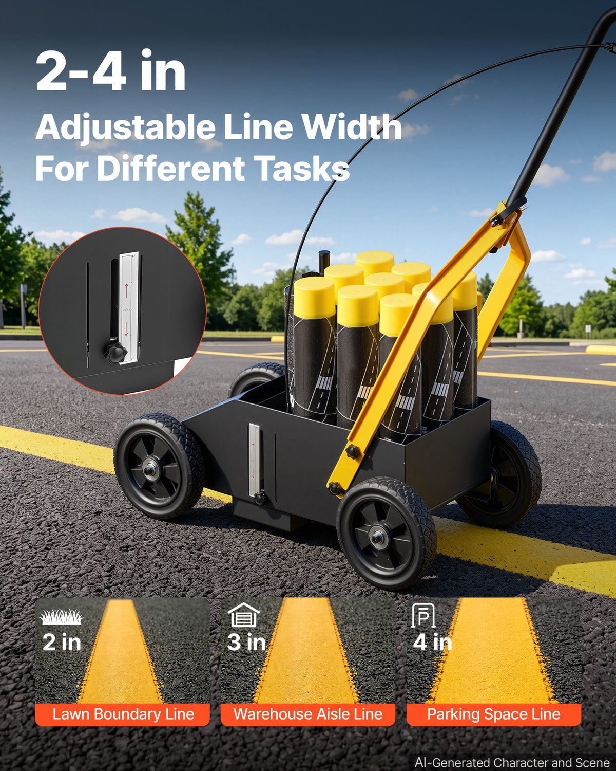 Striping Line Marking Machine 9-Can Capacity Black with 4 Wheels, Parking Lot Striping Machine, 50-100 mm Adjustable Line Width, Heavy Duty, Fast and Accurate Marking, with Adapter Nozzle