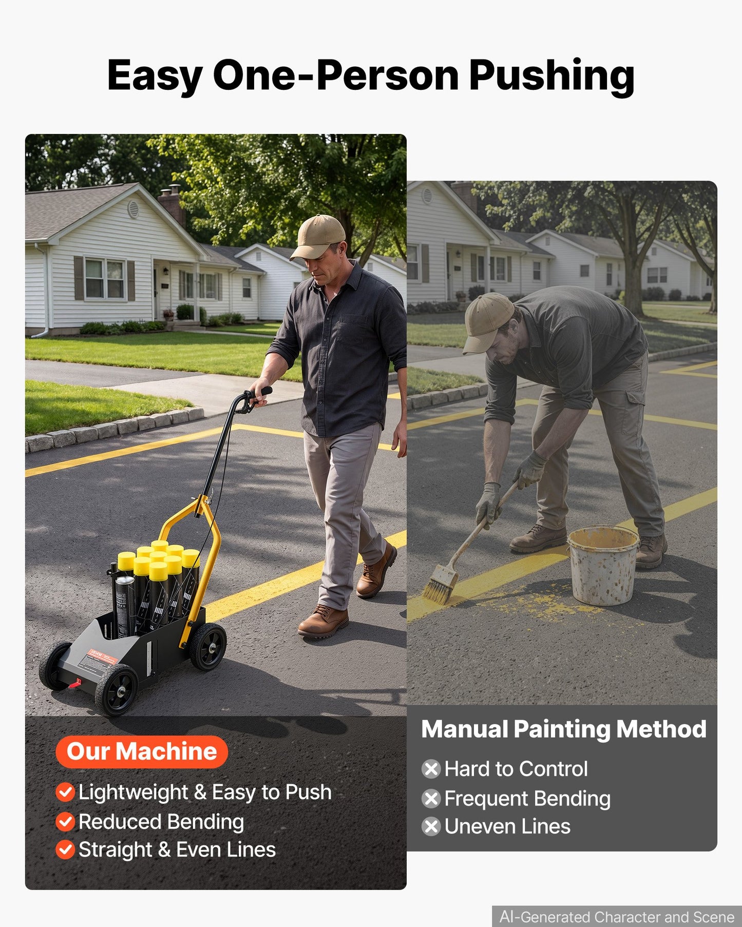 Striping Line Marking Machine 9-Can Capacity Black with 4 Wheels, Parking Lot Striping Machine, 50-100 mm Adjustable Line Width, Heavy Duty, Fast and Accurate Marking, with Adapter Nozzle