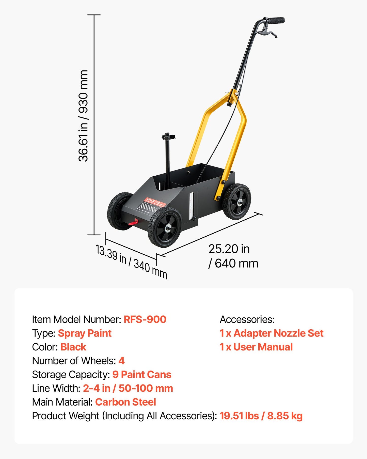 Striping Line Marking Machine 9-Can Capacity Black with 4 Wheels, Parking Lot Striping Machine, 50-100 mm Adjustable Line Width, Heavy Duty, Fast and Accurate Marking, with Adapter Nozzle