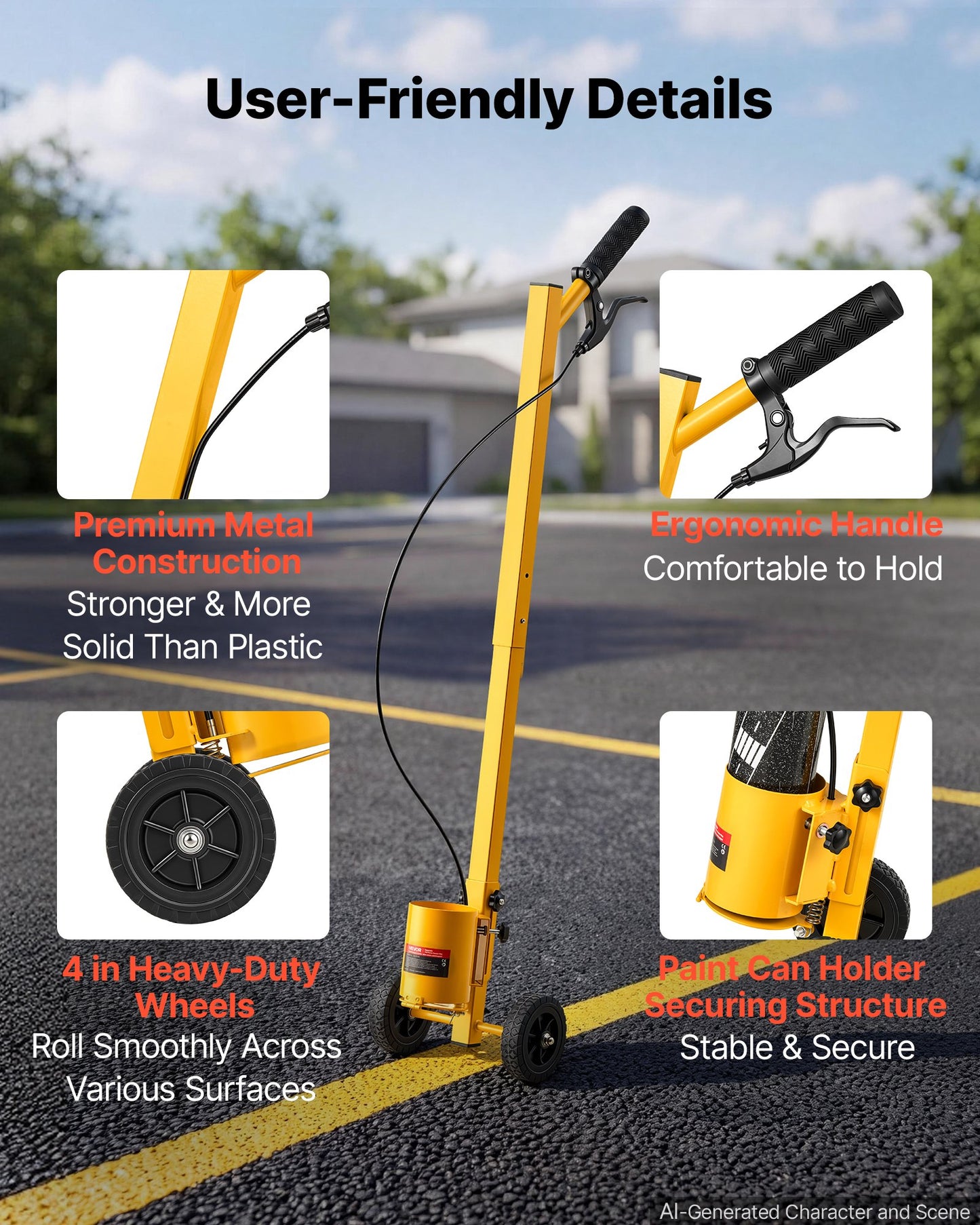 Striping Line Painting Wand Industrial Two-Wheel Marking Paint Wand, For Ground Marking, Parking Lot and Field, Lightweight and Easy to Push, Compatible with Inverted Striping Paint, Yellow