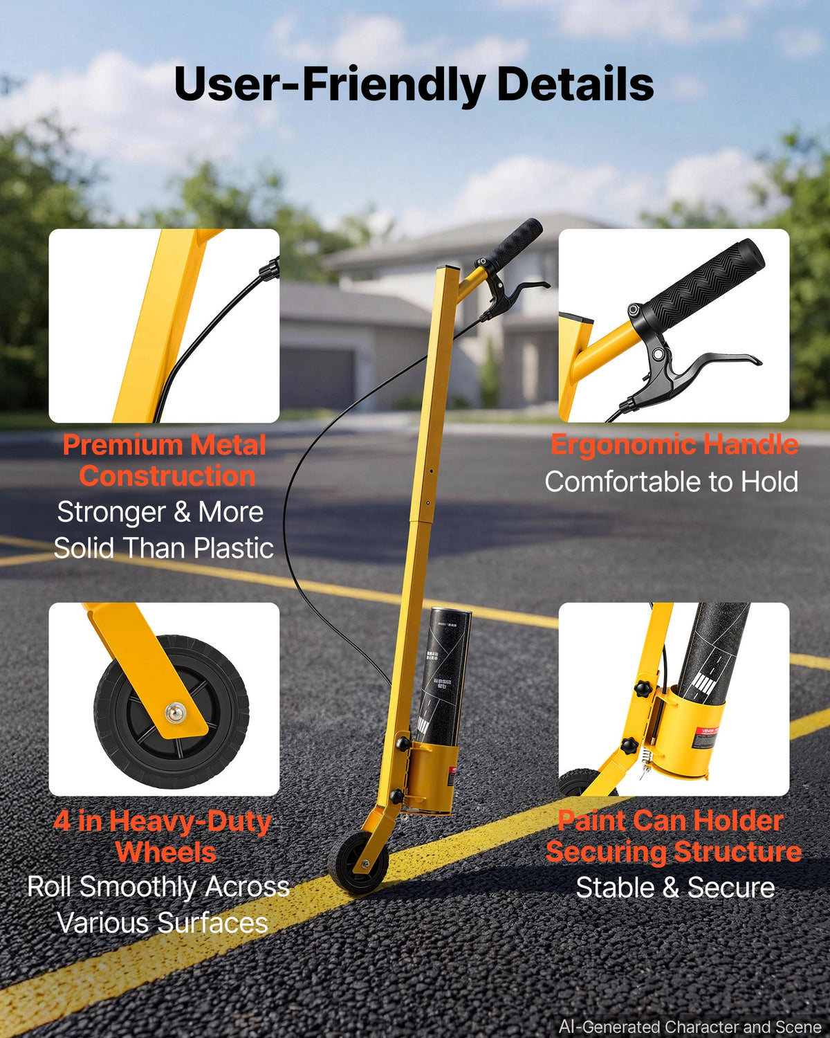 Striping Line Painting Wand Heavy-Duty Wheel Marking Paint Wand, For Ground Marking, Parking Lot and Field, Lightweight and Easy to Push, Compatible with Inverted Striping Paint, Yellow
