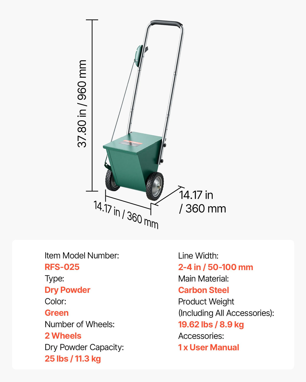 Steel Dry Line Marker 11.3kg Powder Capacity Field Dry Line Chalker, For Small Fields, 50-100 mm Adjustable Line Width, with 2 Heavy-Duty Wheels, Clear and Even Marking, Easy One-Person Pushing