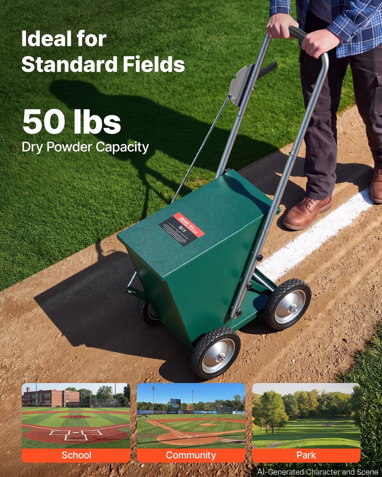 Steel Dry Line Marker 22.7kg Powder Capacity Field Dry Line Chalker, For Standard Fields, 50-100 mm Adjustable Line Width, with 4 Heavy-Duty Wheels, Clear Even Marking, Easy One-Person Pushing