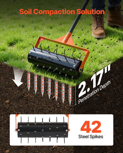 Rolling Lawn Aerator, 410mm Manual Push Aerator Roller with 42 Spikes & 60 in Long Handle, Fillable Drum for Added Weight, Heavy-Duty Lawn Soil Penetrator for Garden Yard Compacted Soils