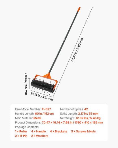 Rolling Lawn Aerator, 410mm Manual Push Aerator Roller with 42 Spikes & 60 in Long Handle, Fillable Drum for Added Weight, Heavy-Duty Lawn Soil Penetrator for Garden Yard Compacted Soils