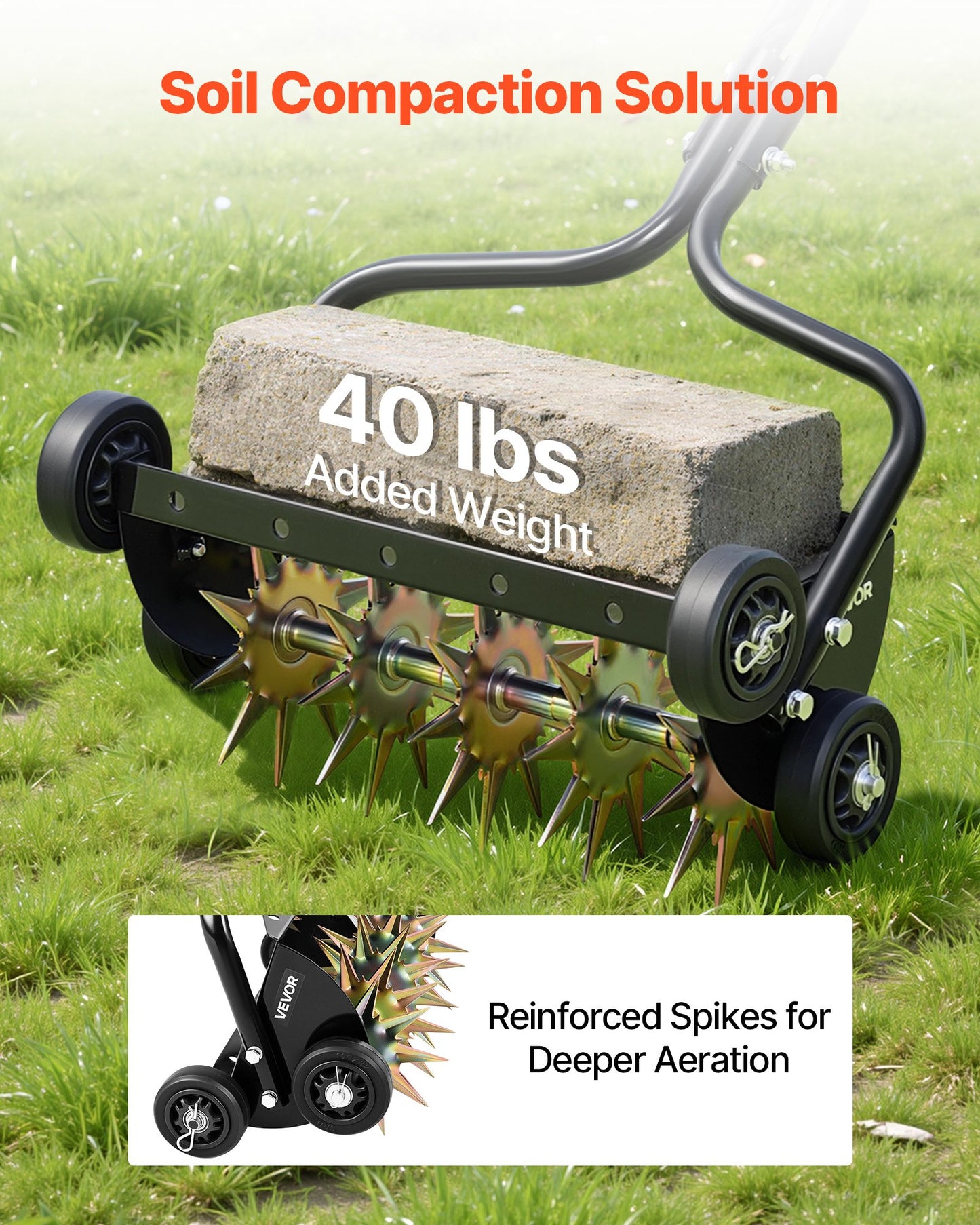 Lawn Aerator, 18 in Manual Push Spike Aerator with 4 Wheels & Handle, Heavy Duty Grass Aerators, Supports 40 lbs Added Weight, Rolling Lawn Aeration Tool for Garden Yard Aeration Soil Health