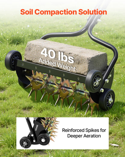 Lawn Aerator, 18 in Manual Push Spike Aerator with 4 Wheels & Handle, Heavy Duty Grass Aerators, Supports 40 lbs Added Weight, Rolling Lawn Aeration Tool for Garden Yard Aeration Soil Health