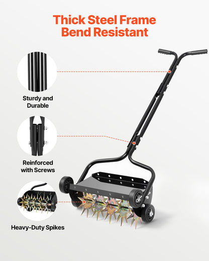 Lawn Aerator, 18 in Manual Push Spike Aerator with 4 Wheels & Handle, Heavy Duty Grass Aerators, Supports 40 lbs Added Weight, Rolling Lawn Aeration Tool for Garden Yard Aeration Soil Health