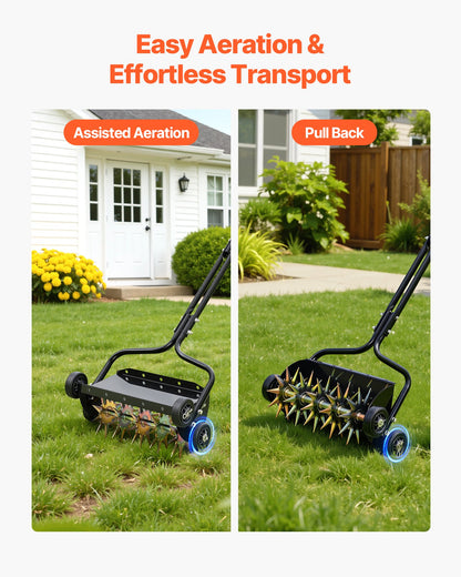 Lawn Aerator, 18 in Manual Push Spike Aerator with 4 Wheels & Handle, Heavy Duty Grass Aerators, Supports 40 lbs Added Weight, Rolling Lawn Aeration Tool for Garden Yard Aeration Soil Health