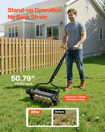 Lawn Aerator, 18 in Manual Push Spike Aerator with 4 Wheels & Handle, Heavy Duty Grass Aerators, Supports 40 lbs Added Weight, Rolling Lawn Aeration Tool for Garden Yard Aeration Soil Health
