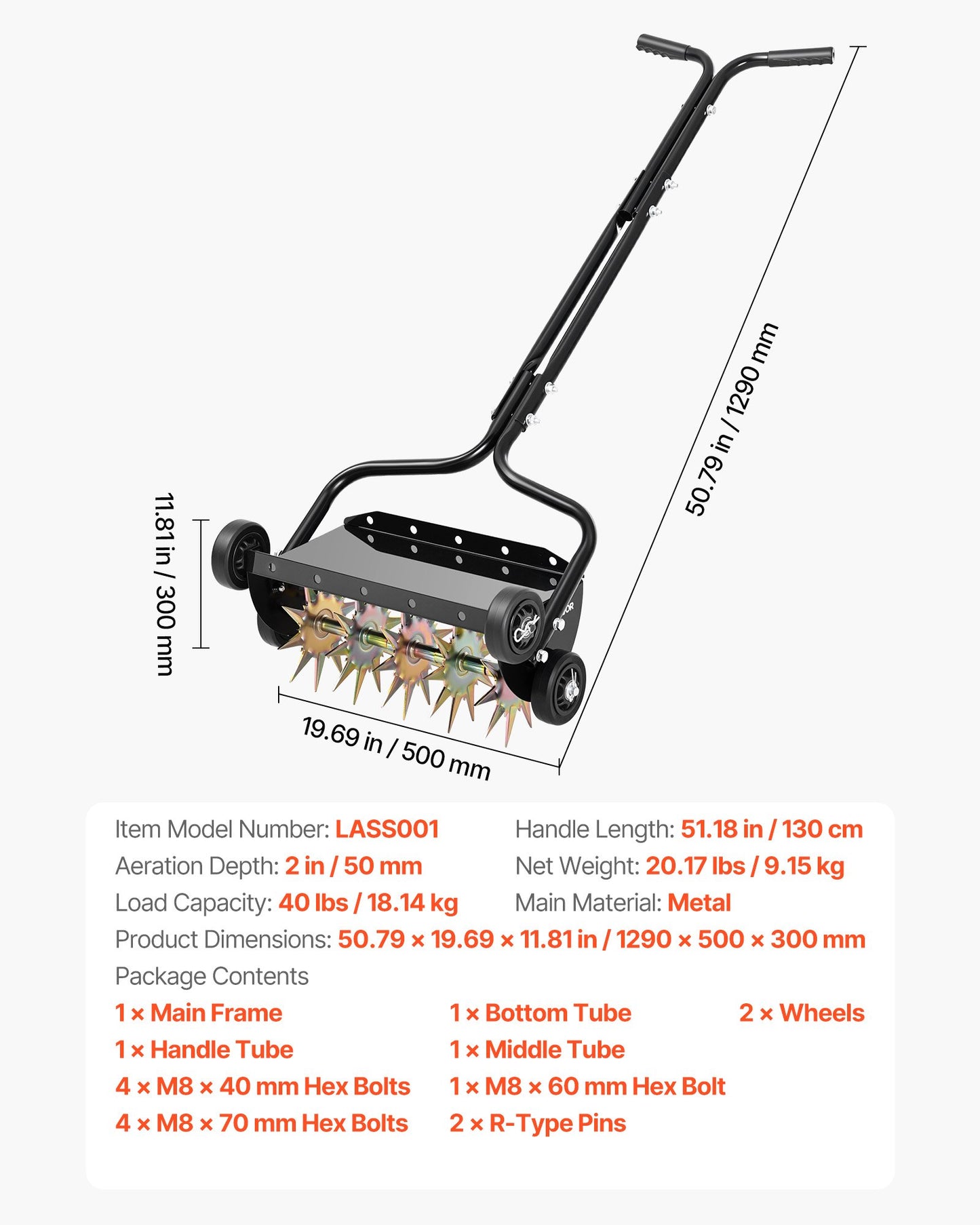 Lawn Aerator, 18 in Manual Push Spike Aerator with 4 Wheels & Handle, Heavy Duty Grass Aerators, Supports 40 lbs Added Weight, Rolling Lawn Aeration Tool for Garden Yard Aeration Soil Health