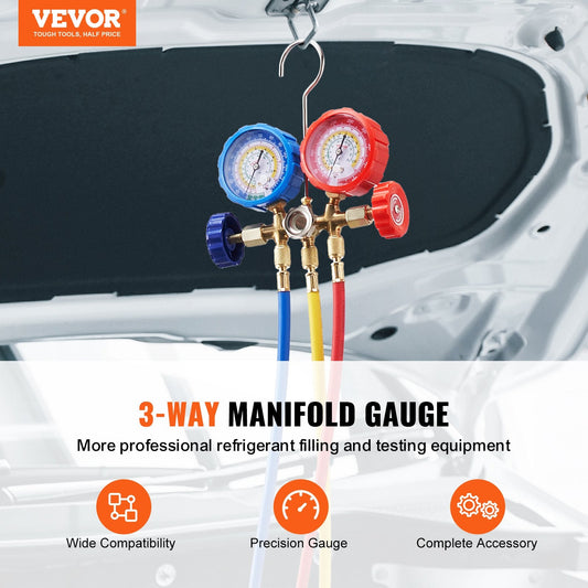Professional automotive HVAC gauge kit with high and low pressure readings for AC maintenance