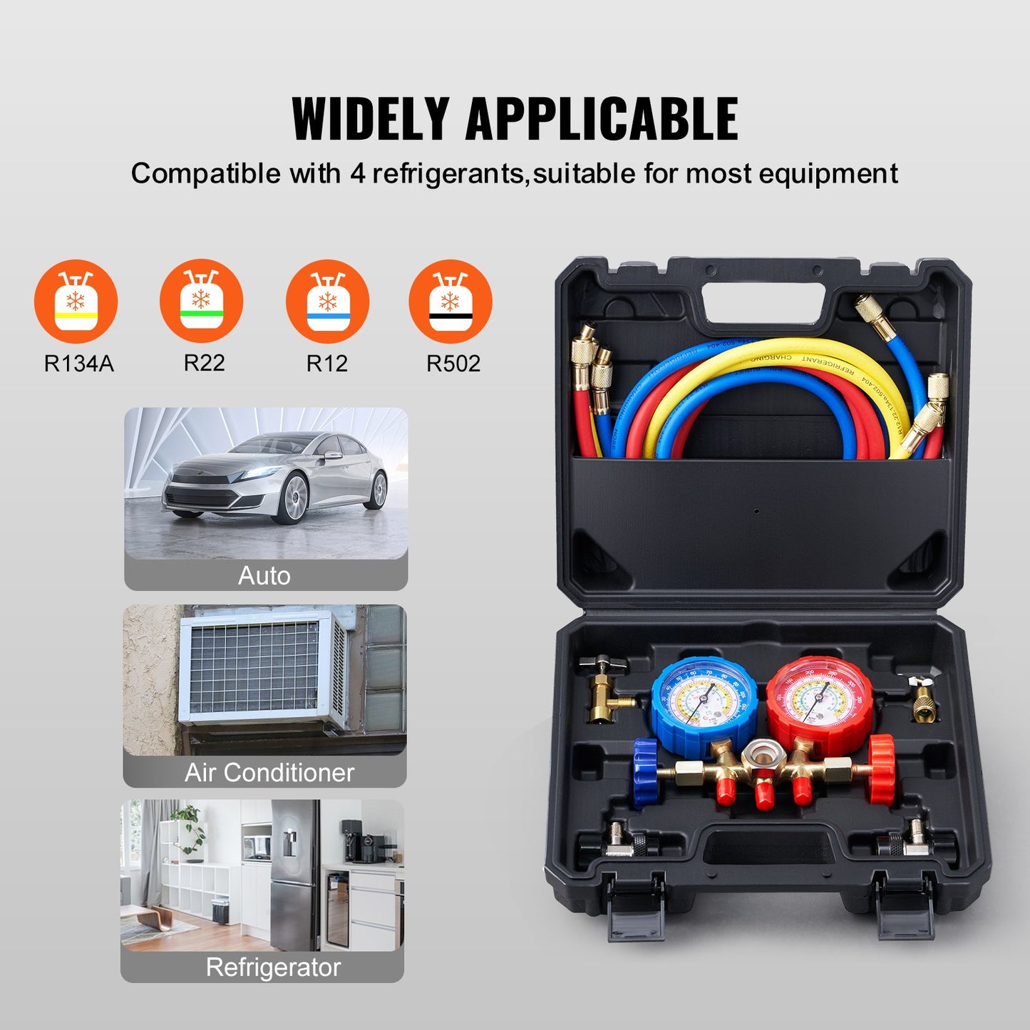 VEVOR AC Gauge Set - 3 Way AC Manifold Gauge Set for R134A R22 R12 R502 Refrigerant,