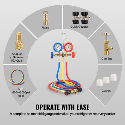 3-Way AC Manifold Gauge Set for R134A R22 R12 R502 with 1.5m Hoses