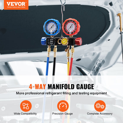 4-Way AC Manifold Gauge Set for Multiple Refrigerants with 1.5m Hose