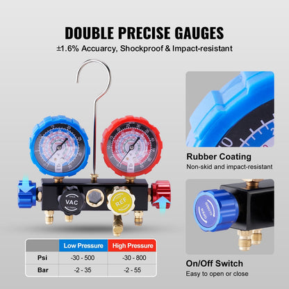 4-Way AC Manifold Gauge Set for Multiple Refrigerants with 1.5m Hose