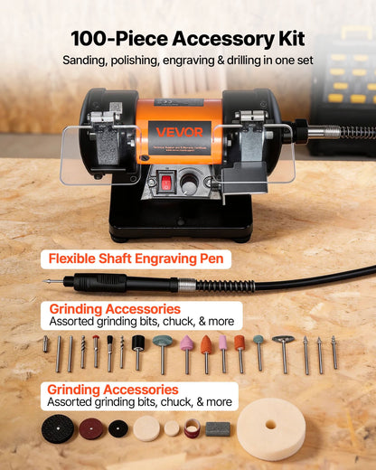 Bench Buffer Polisher, 8300-10600 RPM Adjustable Speed, Polishing & Buffing Machine with Grinding, Fiber, and Wool Wheels, 100-Piece Accessory Kit, for Jewelry, Wood, Metal, Raw Stone, Jade DIY