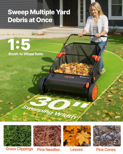 Push Lawn Sweeper, 76.2 cm Leaf & Grass Collector with 12 cu. ft. Hopper Bag, Adjustable Brush Height & Spinning Brushes, Heavy Duty Yard Sweeper with Rubber Wheels for Leaves Grass Cleanup