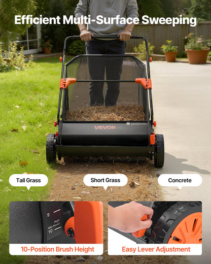 Push Lawn Sweeper, 76.2 cm Leaf & Grass Collector with 12 cu. ft. Hopper Bag, Adjustable Brush Height & Spinning Brushes, Heavy Duty Yard Sweeper with Rubber Wheels for Leaves Grass Cleanup