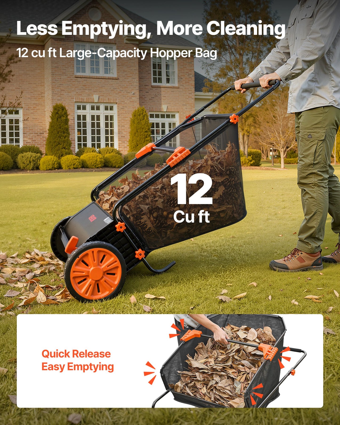 Push Lawn Sweeper, 76.2 cm Leaf & Grass Collector with 12 cu. ft. Hopper Bag, Adjustable Brush Height & Spinning Brushes, Heavy Duty Yard Sweeper with Rubber Wheels for Leaves Grass Cleanup