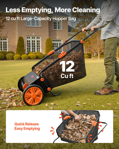 Push Lawn Sweeper, 76.2 cm Leaf & Grass Collector with 12 cu. ft. Hopper Bag, Adjustable Brush Height & Spinning Brushes, Heavy Duty Yard Sweeper with Rubber Wheels for Leaves Grass Cleanup