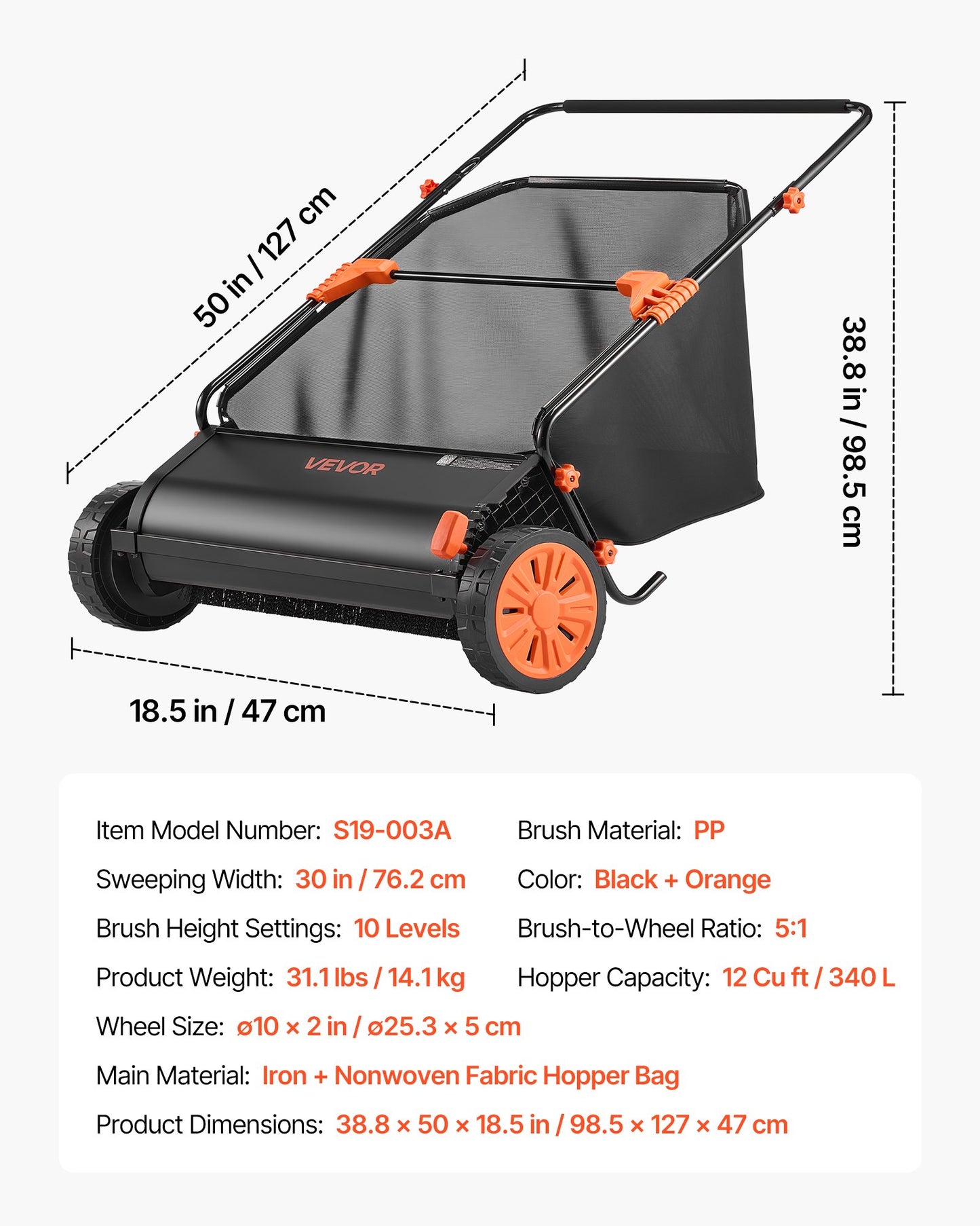 Push Lawn Sweeper, 76.2 cm Leaf & Grass Collector with 12 cu. ft. Hopper Bag, Adjustable Brush Height & Spinning Brushes, Heavy Duty Yard Sweeper with Rubber Wheels for Leaves Grass Cleanup