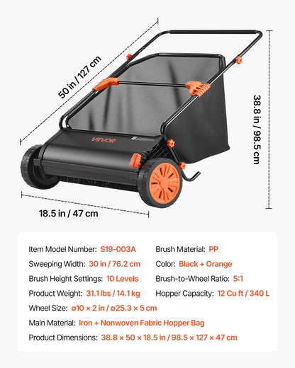 Push Lawn Sweeper, 76.2 cm Leaf & Grass Collector with 12 cu. ft. Hopper Bag, Adjustable Brush Height & Spinning Brushes, Heavy Duty Yard Sweeper with Rubber Wheels for Leaves Grass Cleanup