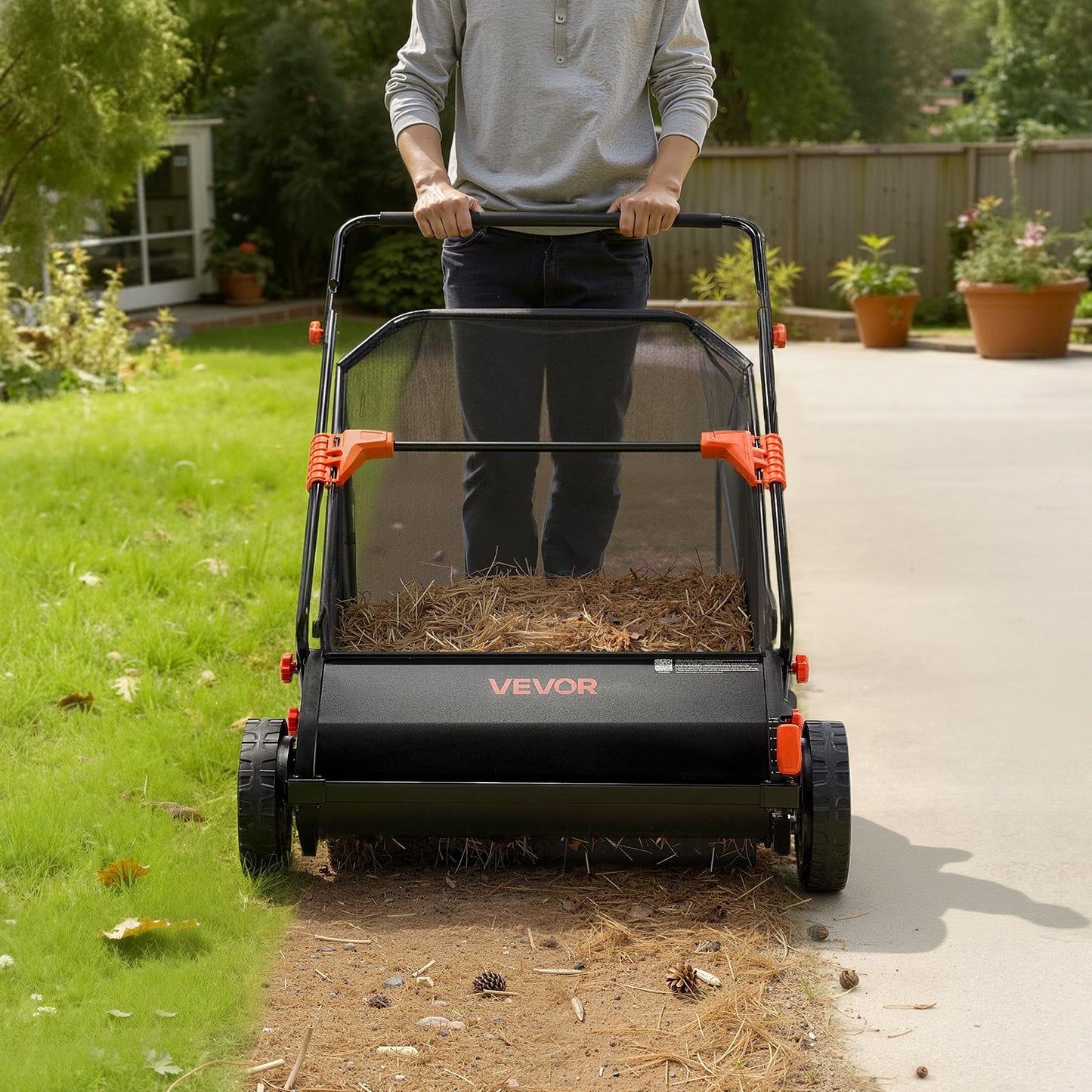 Push Lawn Sweeper, 76.2 cm Leaf & Grass Collector with 12 cu. ft. Hopper Bag, Adjustable Brush Height & Spinning Brushes, Heavy Duty Yard Sweeper with Rubber Wheels for Leaves Grass Cleanup