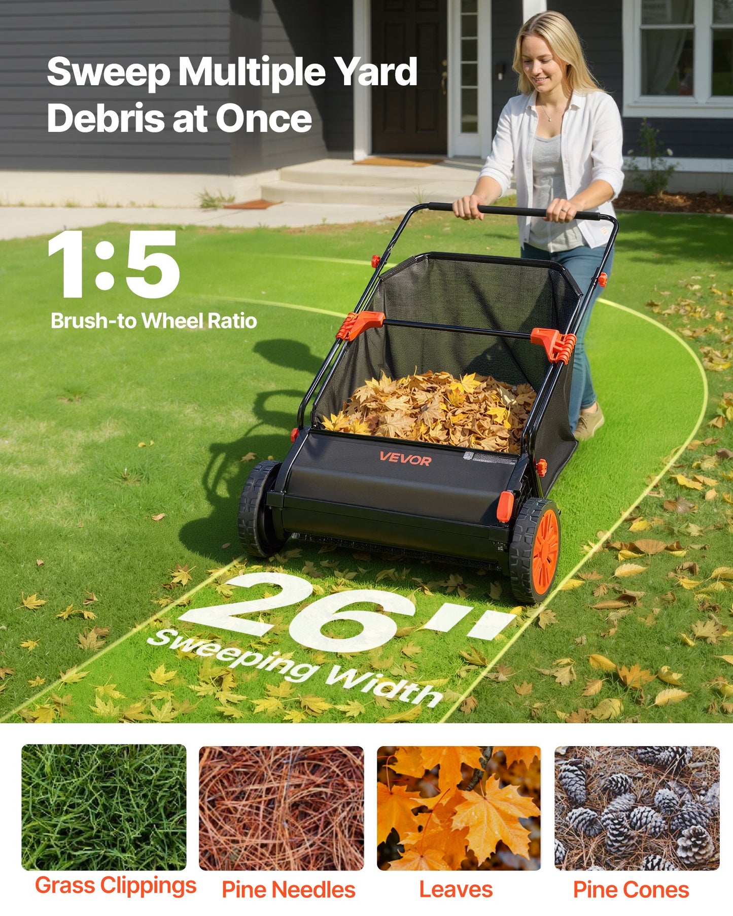 Push Lawn Sweeper, 66 cm Leaf & Grass Collector with 7 cu. ft. Hopper Bag, Adjustable Brush Height & Spinning Brushes, Heavy Duty Yard Sweeper with Rubber Wheels for Leaves Grass Cleanup