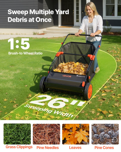 Push Lawn Sweeper, 66 cm Leaf & Grass Collector with 7 cu. ft. Hopper Bag, Adjustable Brush Height & Spinning Brushes, Heavy Duty Yard Sweeper with Rubber Wheels for Leaves Grass Cleanup
