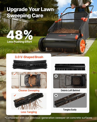 Push Lawn Sweeper, 66 cm Leaf & Grass Collector with 7 cu. ft. Hopper Bag, Adjustable Brush Height & Spinning Brushes, Heavy Duty Yard Sweeper with Rubber Wheels for Leaves Grass Cleanup