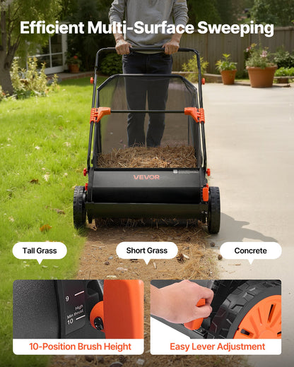 Push Lawn Sweeper, 66 cm Leaf & Grass Collector with 7 cu. ft. Hopper Bag, Adjustable Brush Height & Spinning Brushes, Heavy Duty Yard Sweeper with Rubber Wheels for Leaves Grass Cleanup