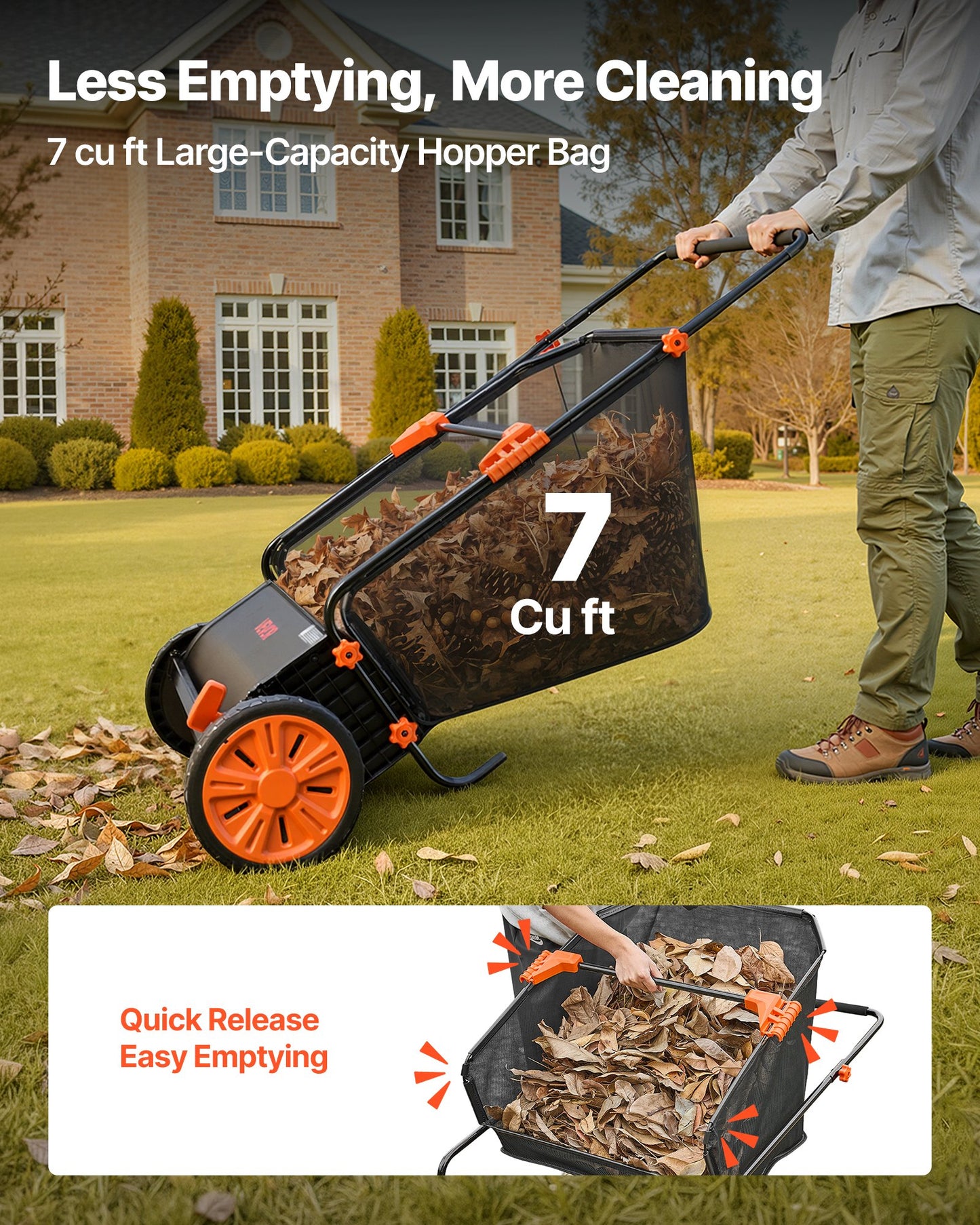 Push Lawn Sweeper, 66 cm Leaf & Grass Collector with 7 cu. ft. Hopper Bag, Adjustable Brush Height & Spinning Brushes, Heavy Duty Yard Sweeper with Rubber Wheels for Leaves Grass Cleanup