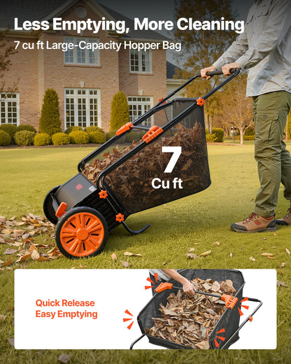 Push Lawn Sweeper, 66 cm Leaf & Grass Collector with 7 cu. ft. Hopper Bag, Adjustable Brush Height & Spinning Brushes, Heavy Duty Yard Sweeper with Rubber Wheels for Leaves Grass Cleanup