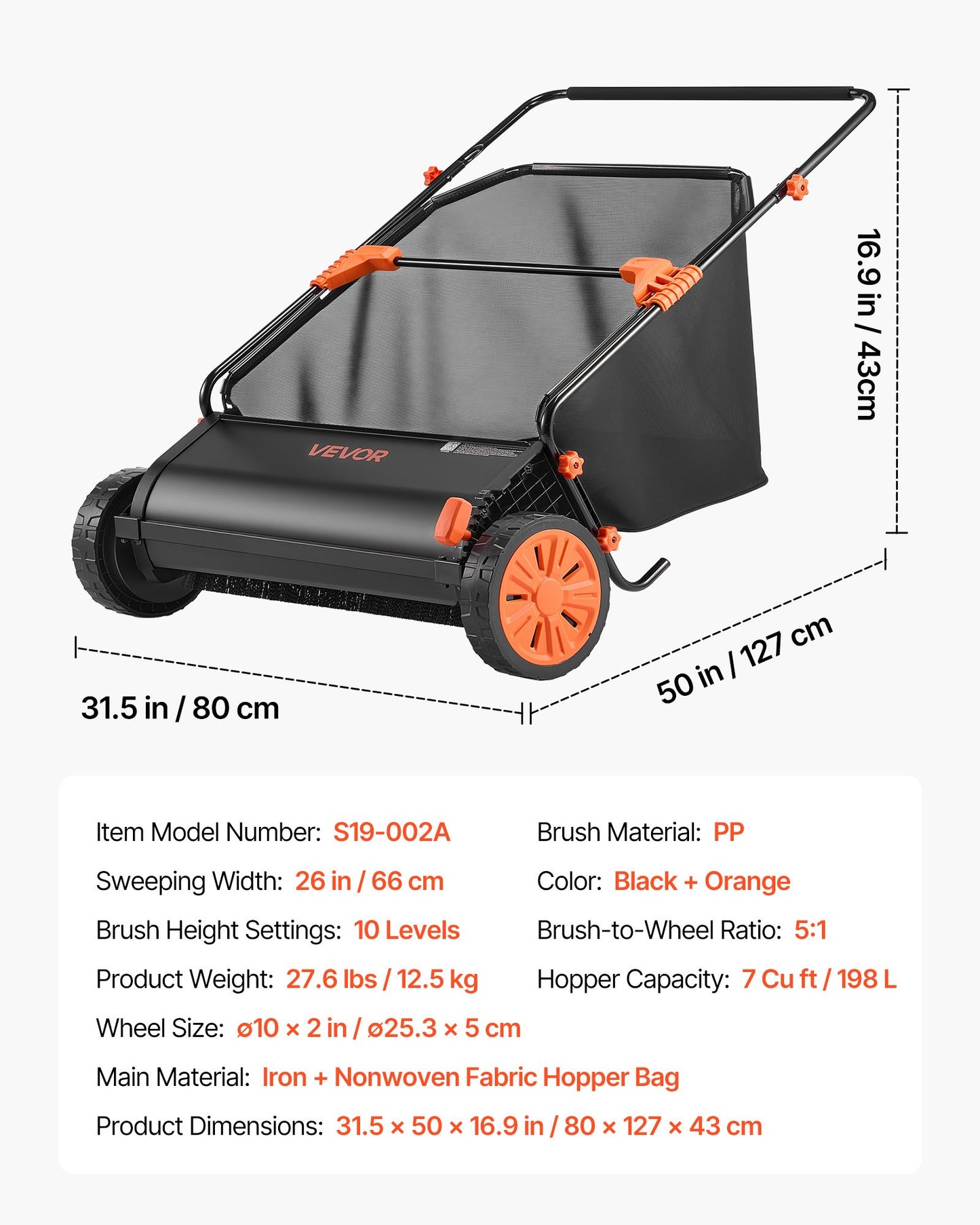 Push Lawn Sweeper, 66 cm Leaf & Grass Collector with 7 cu. ft. Hopper Bag, Adjustable Brush Height & Spinning Brushes, Heavy Duty Yard Sweeper with Rubber Wheels for Leaves Grass Cleanup