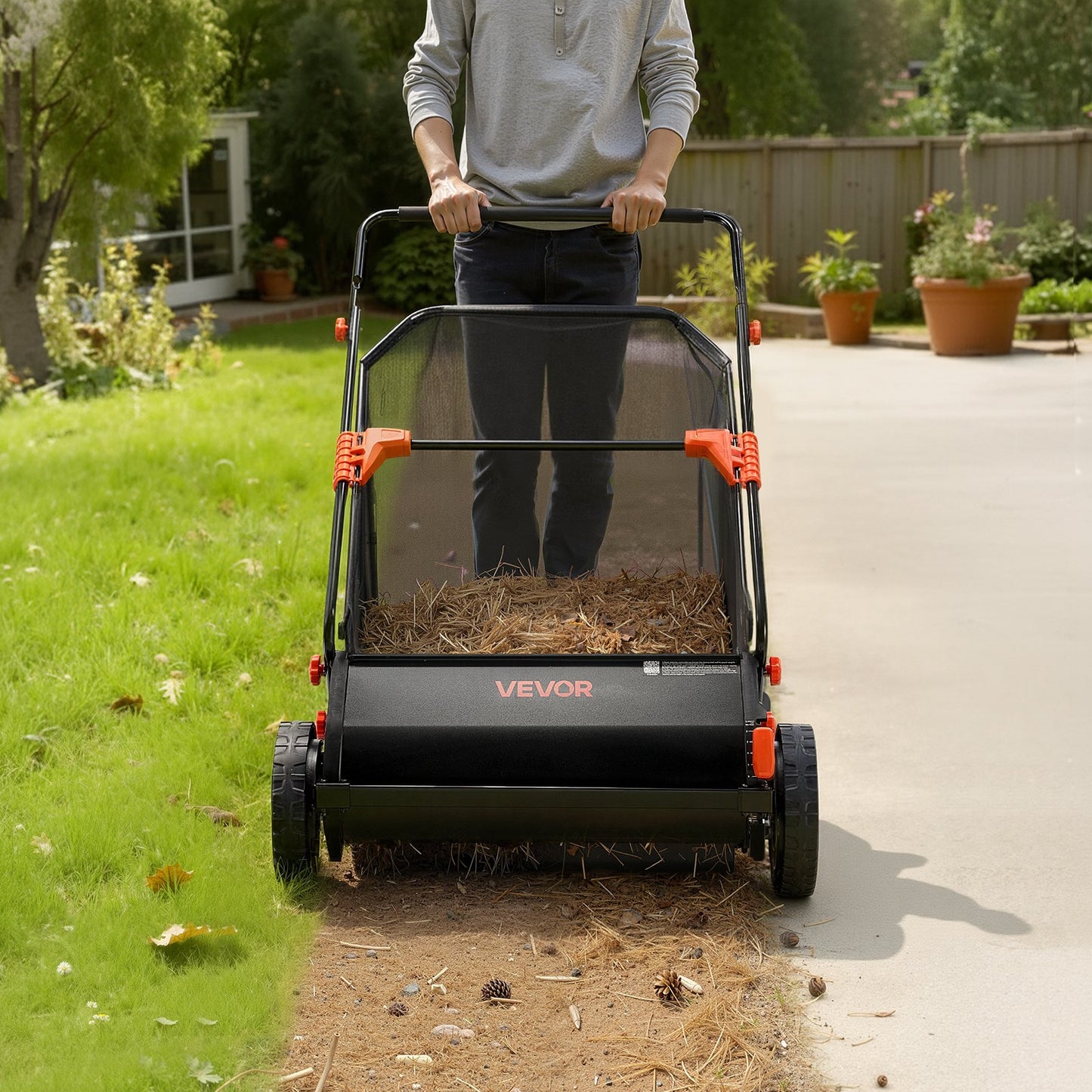 Push Lawn Sweeper, 66 cm Leaf & Grass Collector with 7 cu. ft. Hopper Bag, Adjustable Brush Height & Spinning Brushes, Heavy Duty Yard Sweeper with Rubber Wheels for Leaves Grass Cleanup