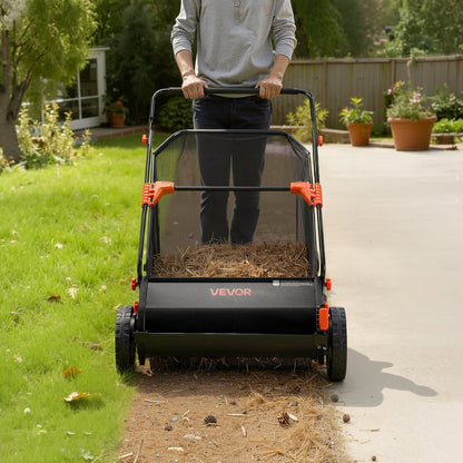 Push Lawn Sweeper, 66 cm Leaf & Grass Collector with 7 cu. ft. Hopper Bag, Adjustable Brush Height & Spinning Brushes, Heavy Duty Yard Sweeper with Rubber Wheels for Leaves Grass Cleanup