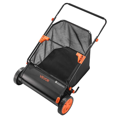 Push Lawn Sweeper, 66 cm Leaf & Grass Collector with 7 cu. ft. Hopper Bag, Adjustable Brush Height & Spinning Brushes, Heavy Duty Yard Sweeper with Rubber Wheels for Leaves Grass Cleanup