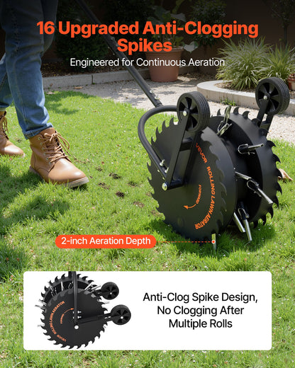Rolling Lawn Core Aerator, 16.6 in Coring Aerator Roller with Anti-Clog Tines, Heavy Duty & Rust-Resistant, Yard Grass Pulling Plugs Manual Aeration Tool for Compacted Garden Soil Loosening