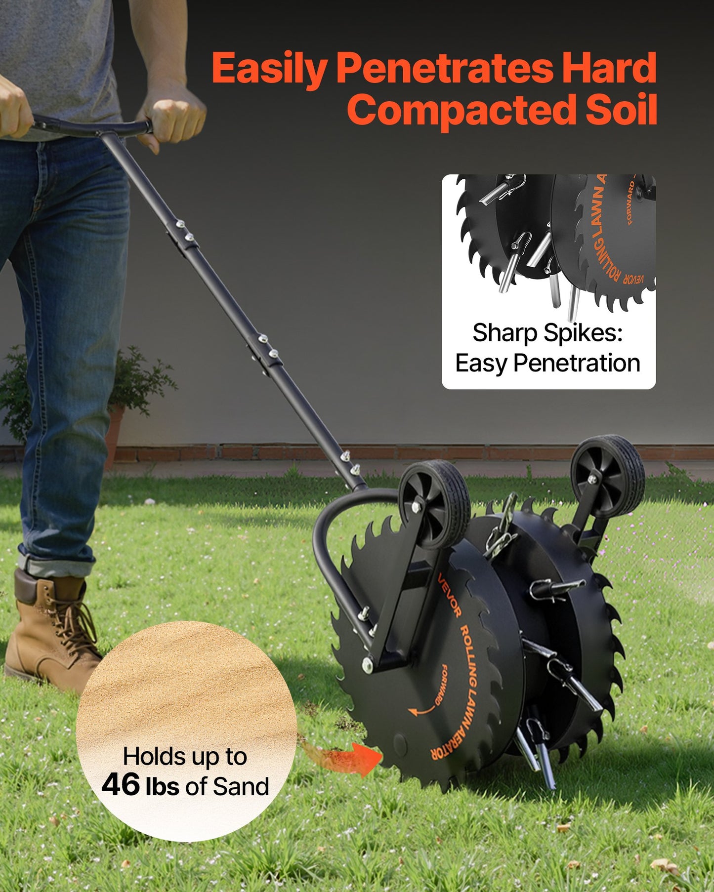 Rolling Lawn Core Aerator, 16.6 in Coring Aerator Roller with Anti-Clog Tines, Heavy Duty & Rust-Resistant, Yard Grass Pulling Plugs Manual Aeration Tool for Compacted Garden Soil Loosening