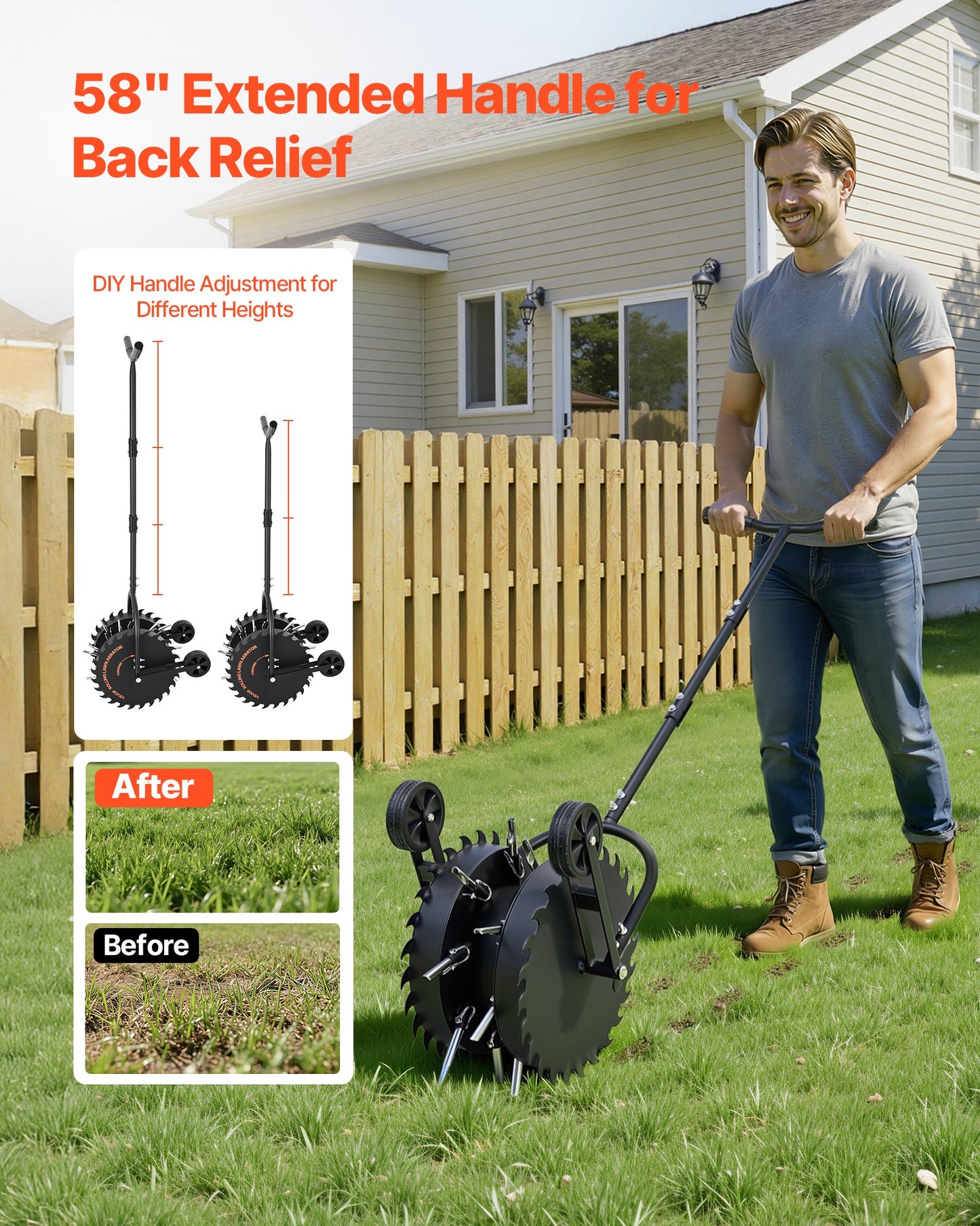 Rolling Lawn Core Aerator, 16.6 in Coring Aerator Roller with Anti-Clog Tines, Heavy Duty & Rust-Resistant, Yard Grass Pulling Plugs Manual Aeration Tool for Compacted Garden Soil Loosening