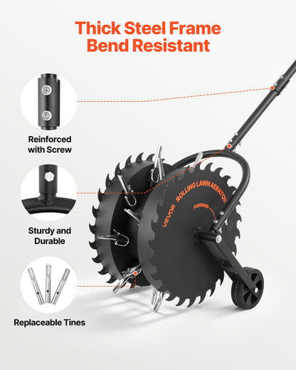Rolling Lawn Core Aerator, 16.6 in Coring Aerator Roller with Anti-Clog Tines, Heavy Duty & Rust-Resistant, Yard Grass Pulling Plugs Manual Aeration Tool for Compacted Garden Soil Loosening