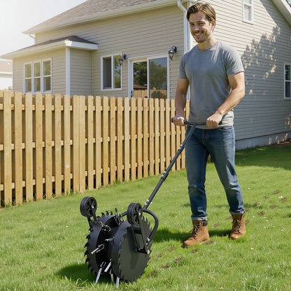 Rolling Lawn Core Aerator, 16.6 in Coring Aerator Roller with Anti-Clog Tines, Heavy Duty & Rust-Resistant, Yard Grass Pulling Plugs Manual Aeration Tool for Compacted Garden Soil Loosening